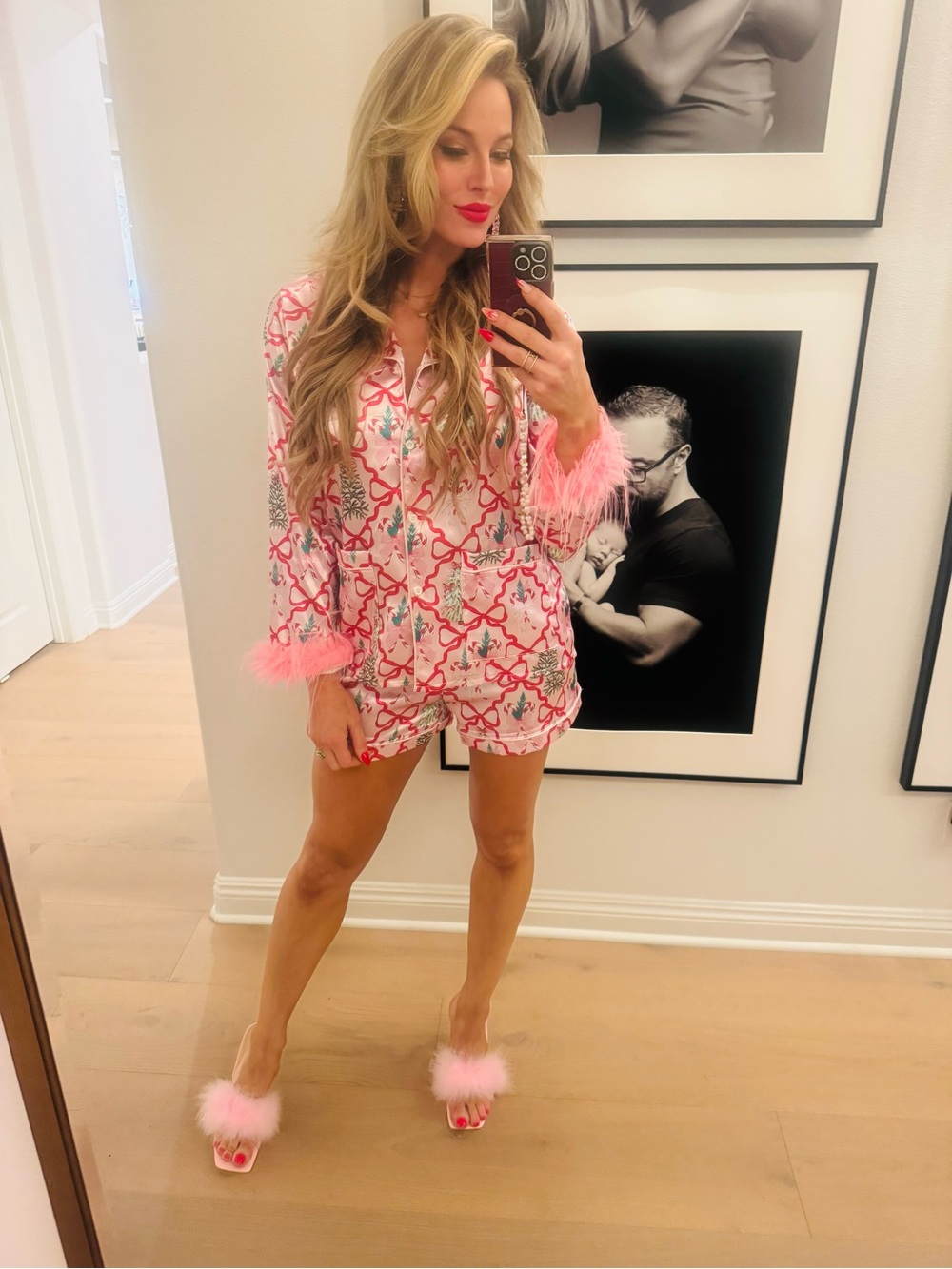 Pink Feather Trim Christmas 🎄 Printed Pajama Set